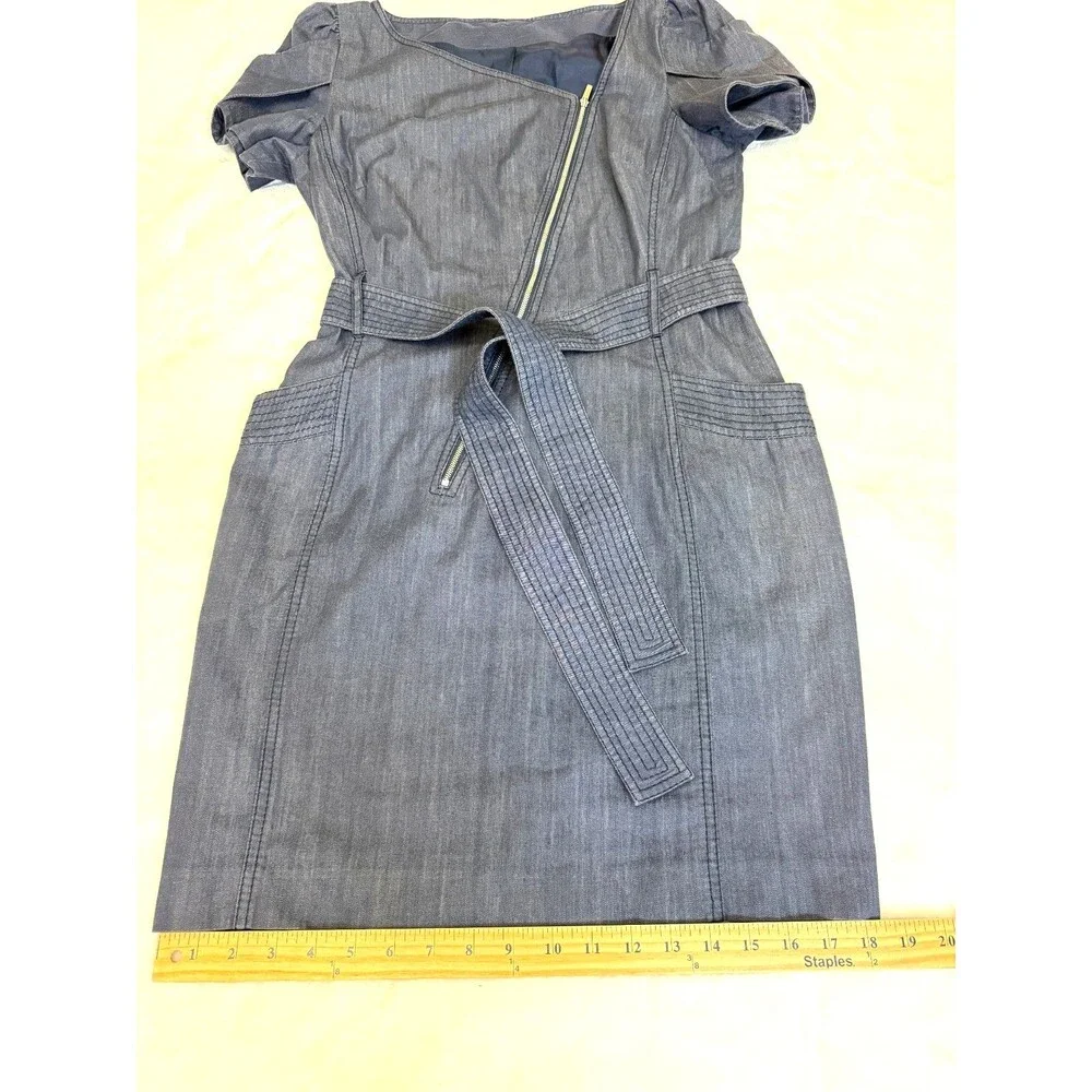 Karen Millen Navy Cotton Belted Asymmetric Zip Pockets Denim Dress Sz 6